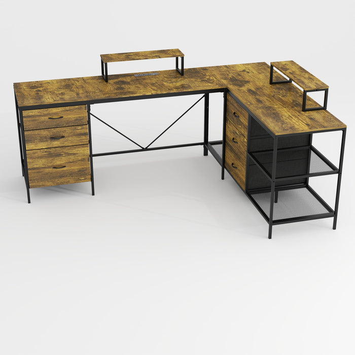 Giga industrial L-shaped brown computer desk with power outlets, USB-C, six fabric drawers, three open shelves, and movable monitor stands