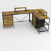Giga industrial L-shaped brown computer desk with power outlets, USB-C, six fabric drawers, three open shelves, and movable monitor stands