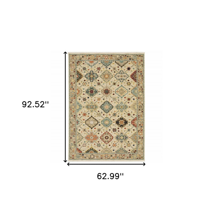 5' x 8' Oriental Power Loom Stain Resistant Area Rug With Fringe - Beige Pale Blue Rust Gold Tan Brown And Orange