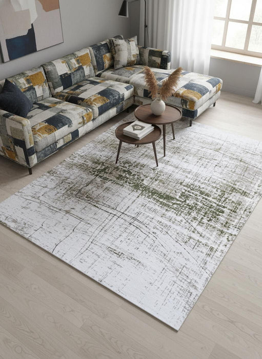 8' Abstract Washable Round Rug With UV Protection (610102) - White / Gray / Green