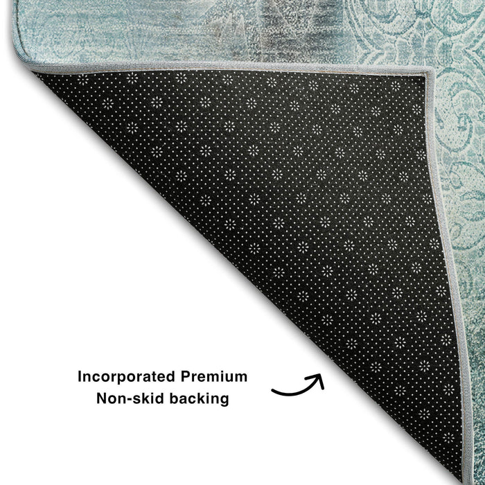 8' Abstract Washable Round Rug With UV Protection (648145) - Teal / Ivory