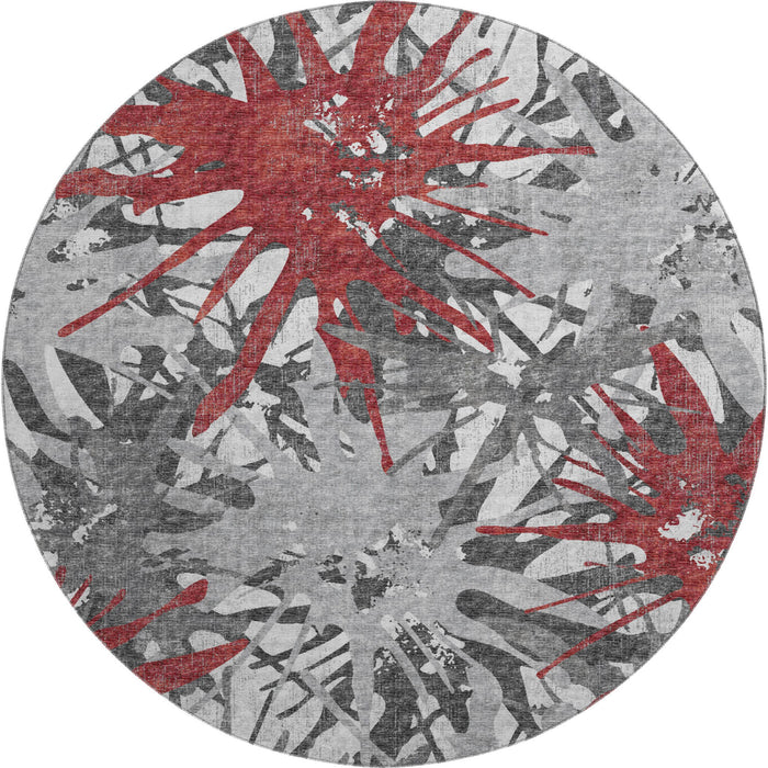 8' Abstract Washable Round Rug With UV Protection - Red