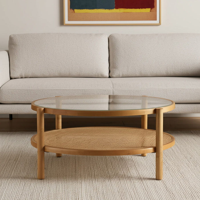 34" Glass And Solid Wood Round Coffee Table With Shelf - Clear And Natural