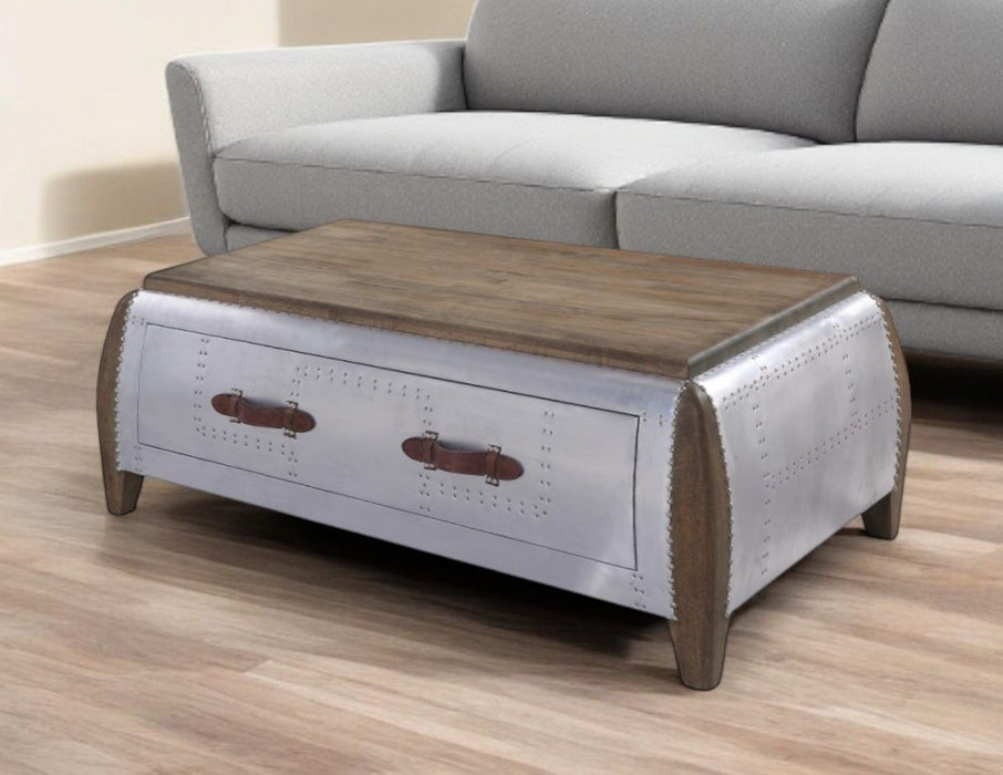 Solid Wood And Aluminum Coffee Table With Drawer - Brown And Gray
