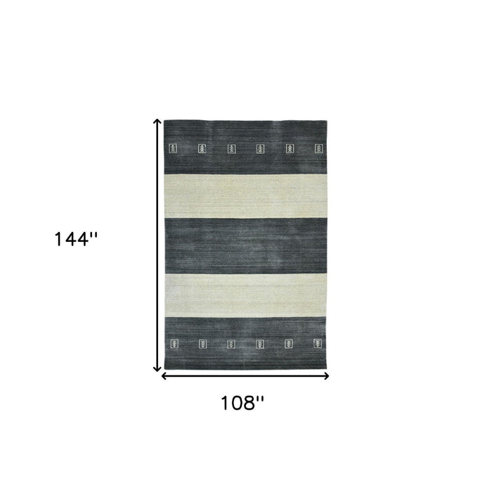 9' X 12' Wool Striped Hand Woven Area Rug - Charcoal And Ivory