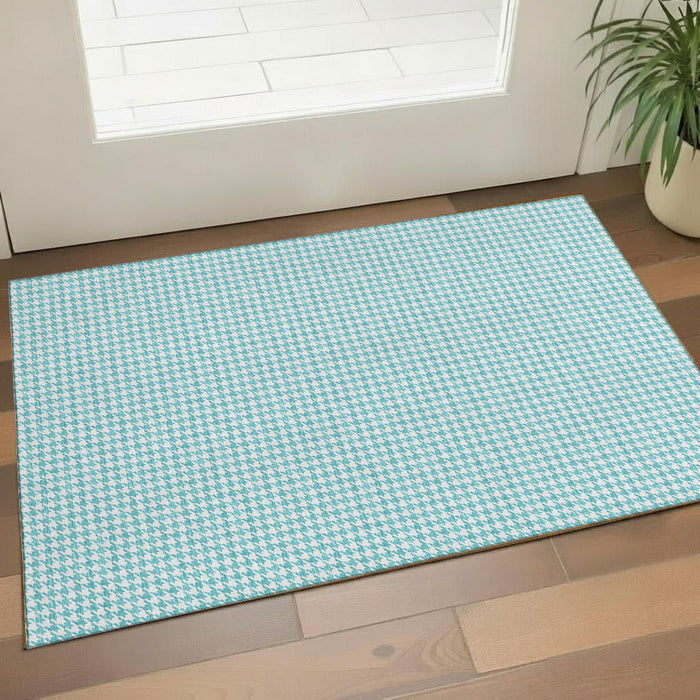 3' X 5' Houndstooth Washable Area Rug With UV Protection (645140) - Aqua / White