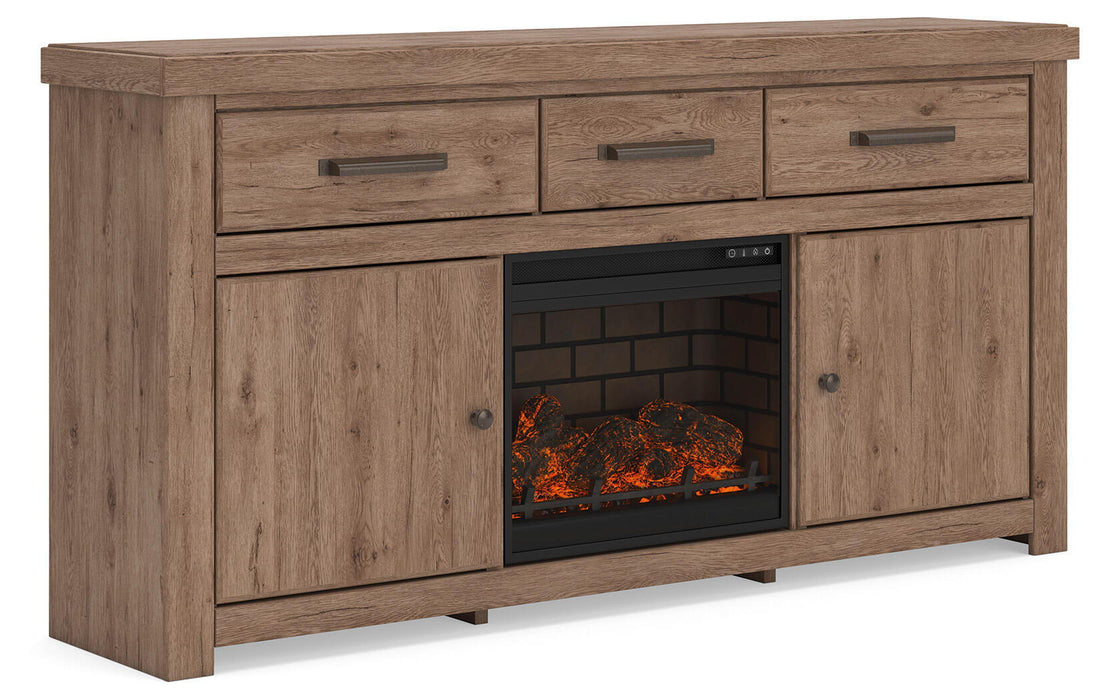 Signature Design by Ashley Garistyn TV stand with built-in fireplace option, featuring wood grain finish and multiple storage compartments.