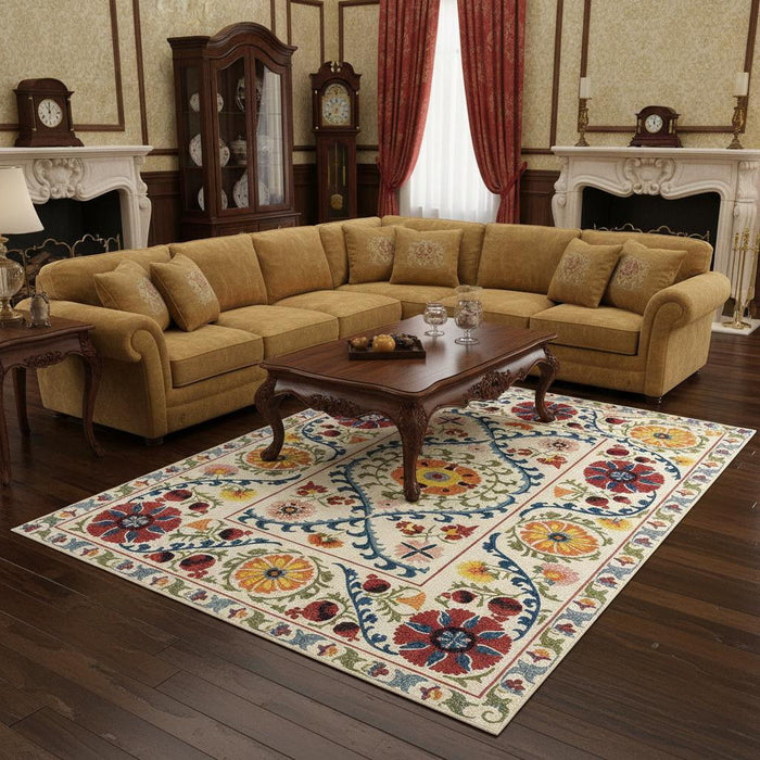 9' X 13' Tribal Washable Area Rug With UV Protection (610049) - Beige / Red / Orange