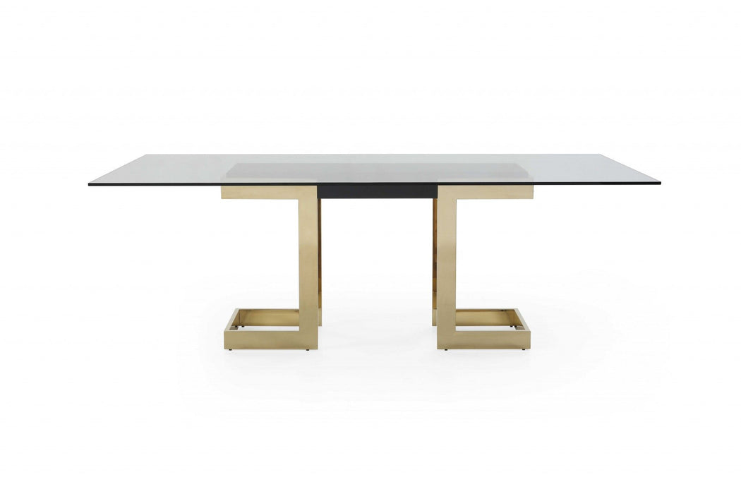 87" Glass And Stainless Steel Double Pedestal Base Dining Table - Clear / Gold