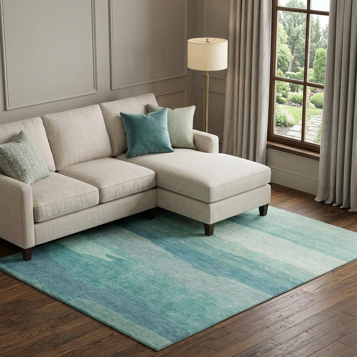 10' X 14' Striped Washable Area Rug With UV Protection (692547) - Turquoise / Ivory