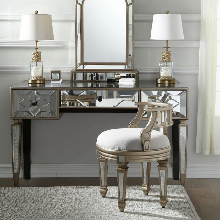 Linen Metallic Round Ottoman - Cream / Silver