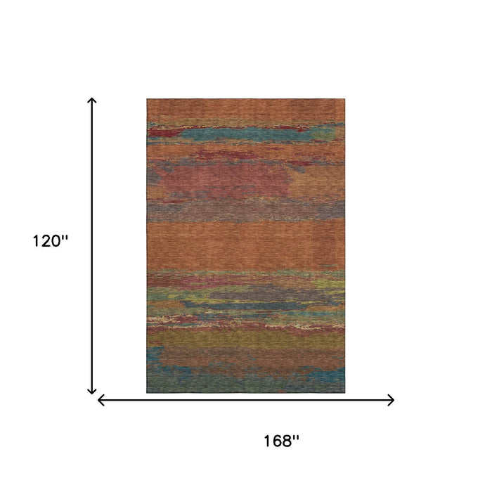 10' X 14' Abstract Washable Area Rug With UV Protection (692739) - Terra Cotta / Teal / Green