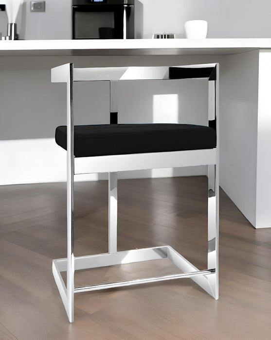 Velvet And Stainless Steel Low Back Counter Height Bar Chair - Black And Silver