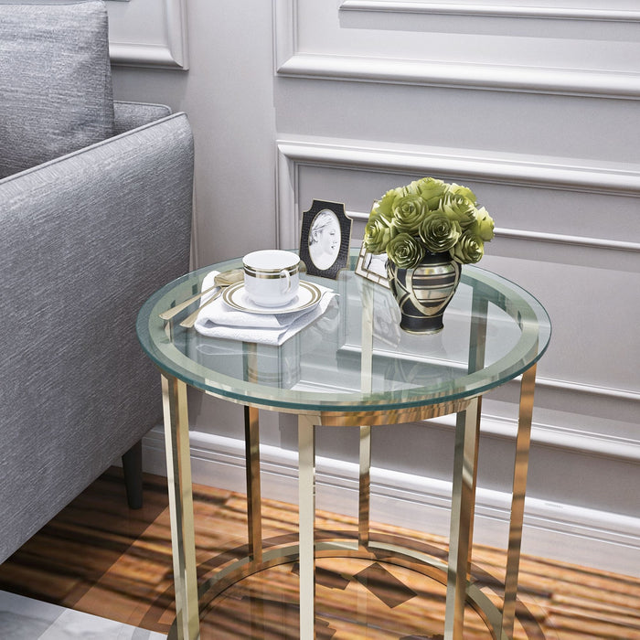 20-inch round Giga tempered glass table top with clear, flat polished edge, 1/4 inch thick, transparent and smooth surface.