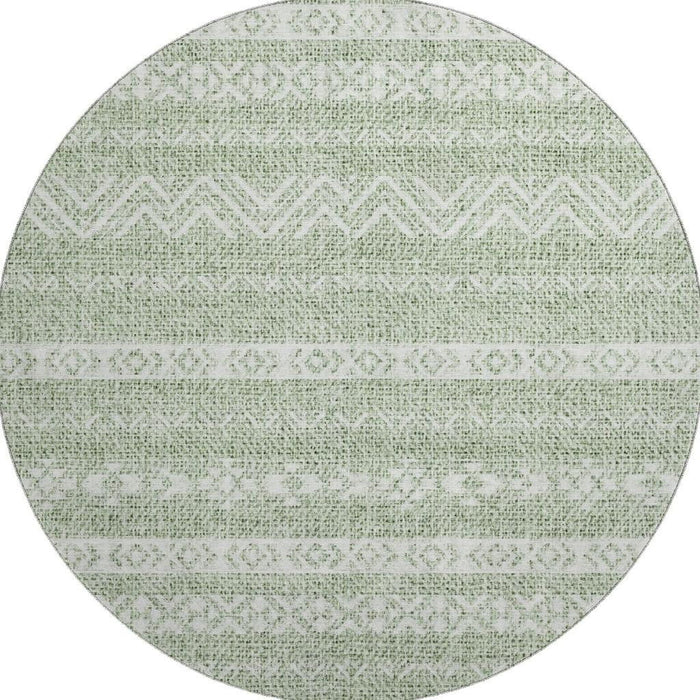 8' Southwestern Washable Round Rug With UV Protection - Artichoke Green And Ivory