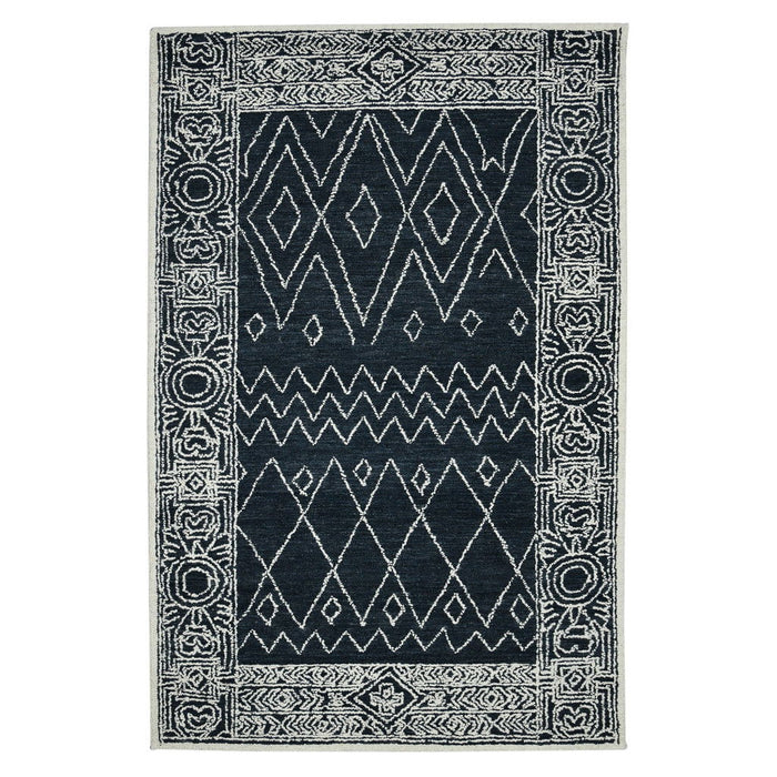 9' X 13' Wool Southwestern Hand Hooked Area Rug - Charcoal And Ivory