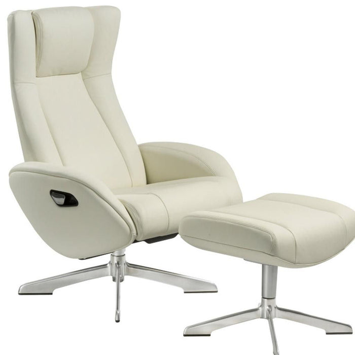 HomeRoots white tufted genuine leather recliner and ottoman set, featuring manual swivel and plush cushioning.