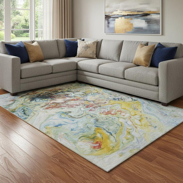 10' X 14' Abstract Washable Area Rug With UV Protection (650962) - Ivory / Yellow / Blue