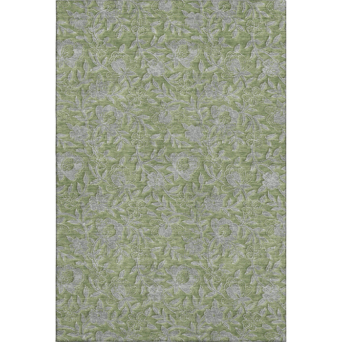 10' X 14' Floral Washable Area Rug With UV Protection - Olive Green And Gray