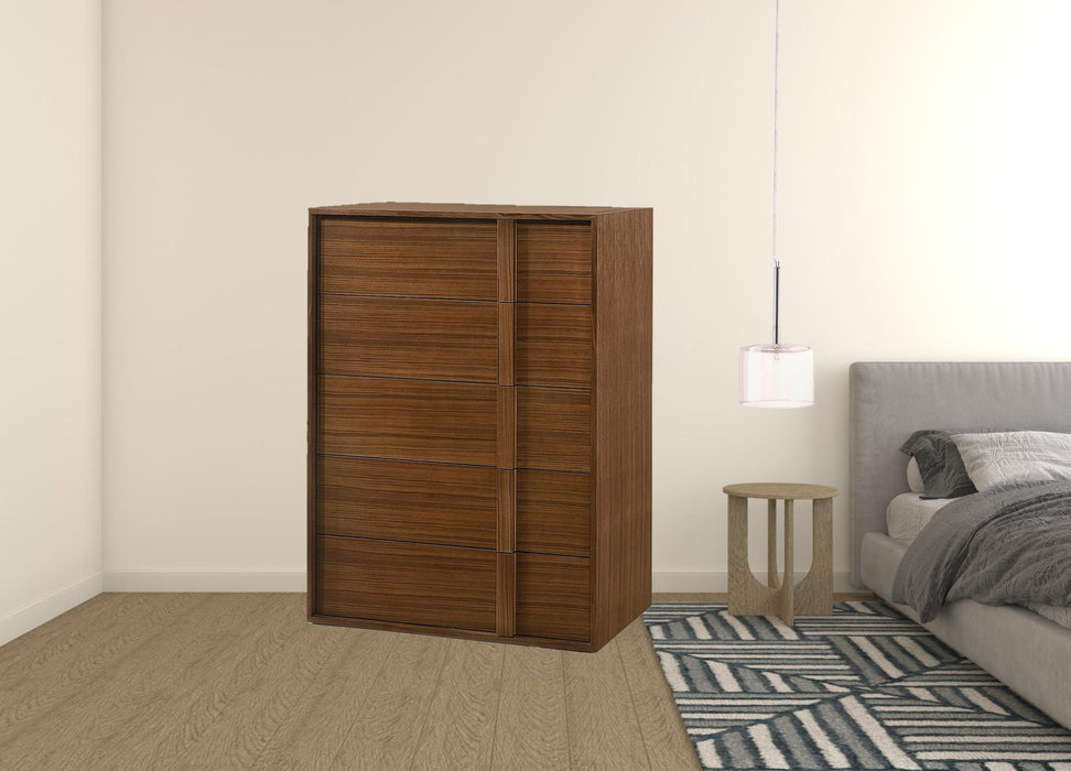 Walnut brown wood contemporary five-drawer dresser with sleek chifforobe design and modern style, crafted by HomeRoots.
