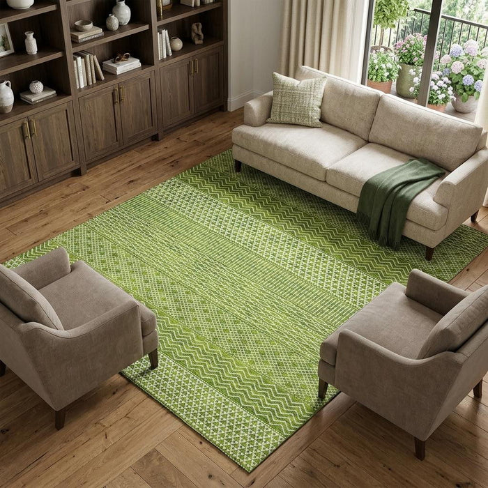 10' X 14' Striped Washable Area Rug With UV Protection (674802) - Lime Green / Ivory