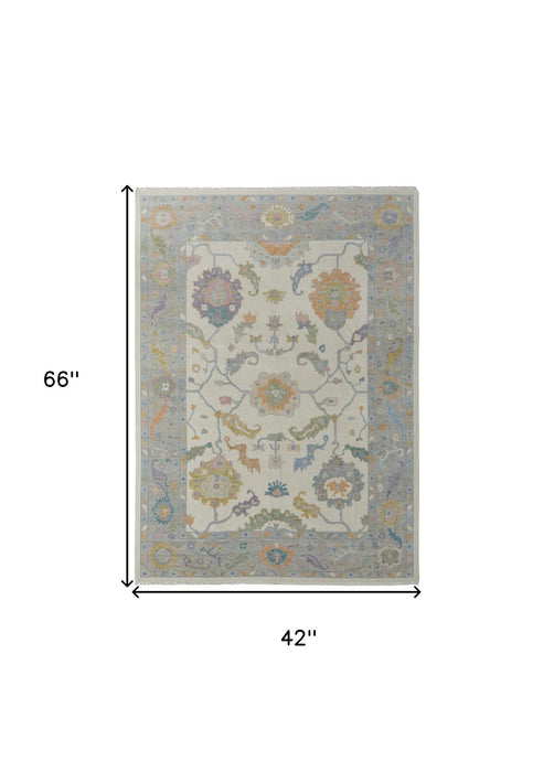 4' x 6' Wool Floral Hand Knotted Area Rug With Fringe - Gray Ivory And Orange