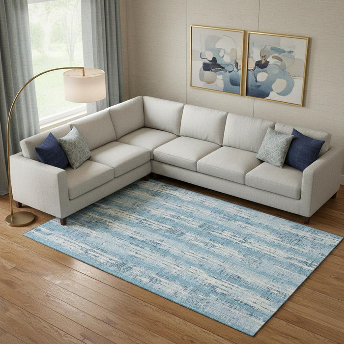 10' X 14' Striped Washable Area Rug With UV Protection (670934) - Sky Blue / Ivory