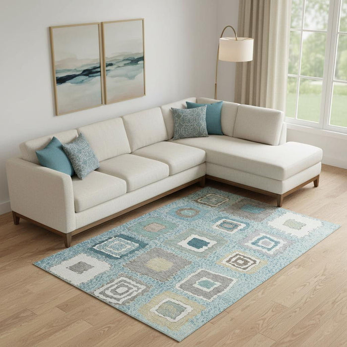 10' X 14' Geometric Washable Area Rug With UV Protection (711023) - Teal / Ivory / Beige