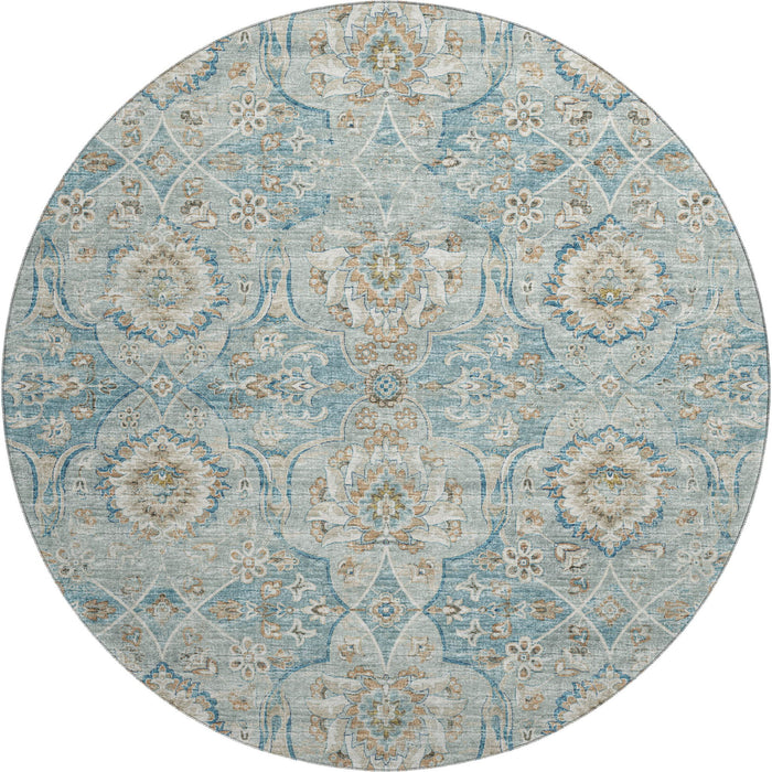8' Floral Medallion Distressed Washable Round Rug With UV Protection (644583) - Persian Blue / Coffee / Ivory