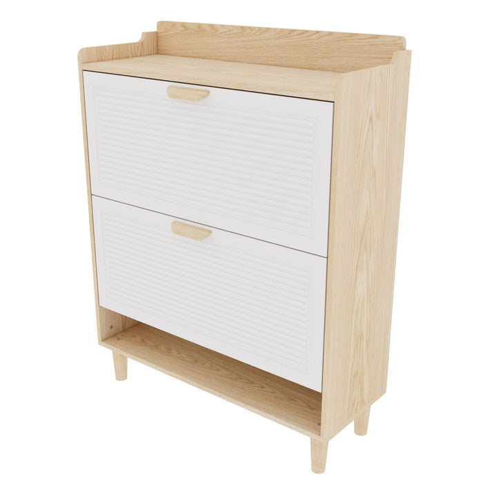 Giga shoe storage cabinet with two flip drawers, compact entryway organizer in natural wood and white finish.