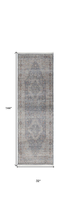 12' Oriental Power Loom Worn Faded Runner Rug With Fringe - Gray Blue And Red
