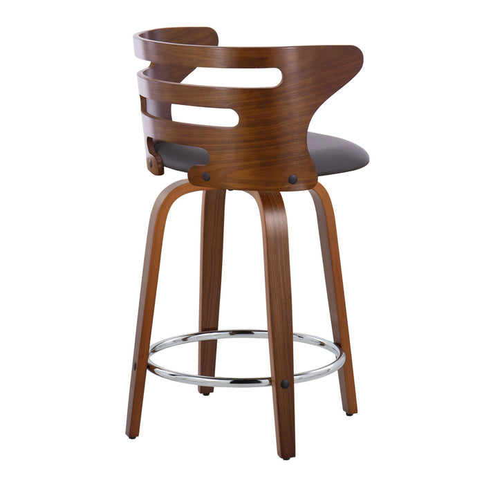 Cosi - 24" Fixed-Height Counter Stool With Swivel And Round Chrome Metal Footrest (Set of 2) - Walnut Wood And Brown Faux Leather