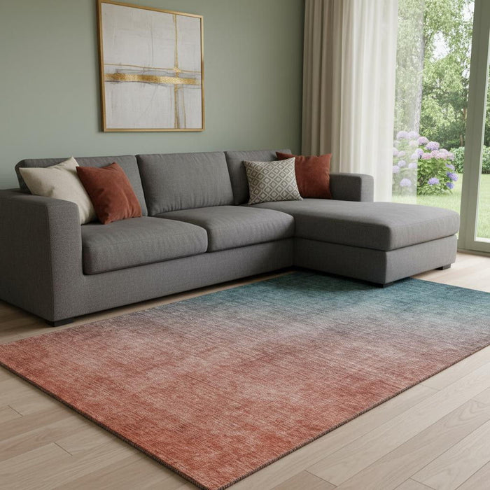 10' X 14' Ombre Washable Area Rug With UV Protection (649690) - Teal / Rust