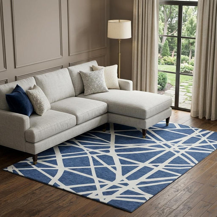 10' X 14' Geometric Washable Area Rug With UV Protection (681629) - Navy Blue / Ivory