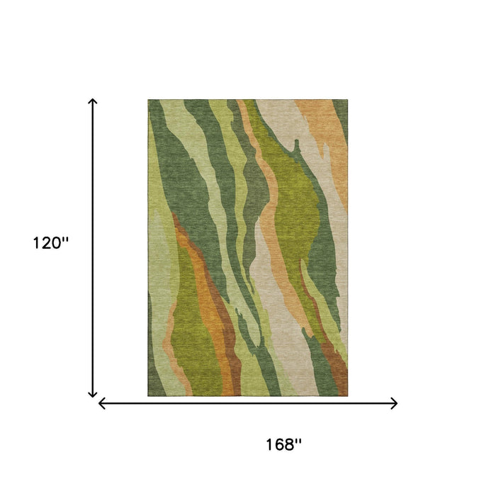 10' X 14' Abstract Washable Area Rug With UV Protection (682121) - Green / Copper / Peach