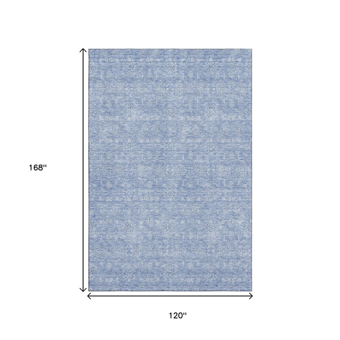 10' X 14' Floral Washable Area Rug With UV Protection (656921) - Sky Blue / Ivory