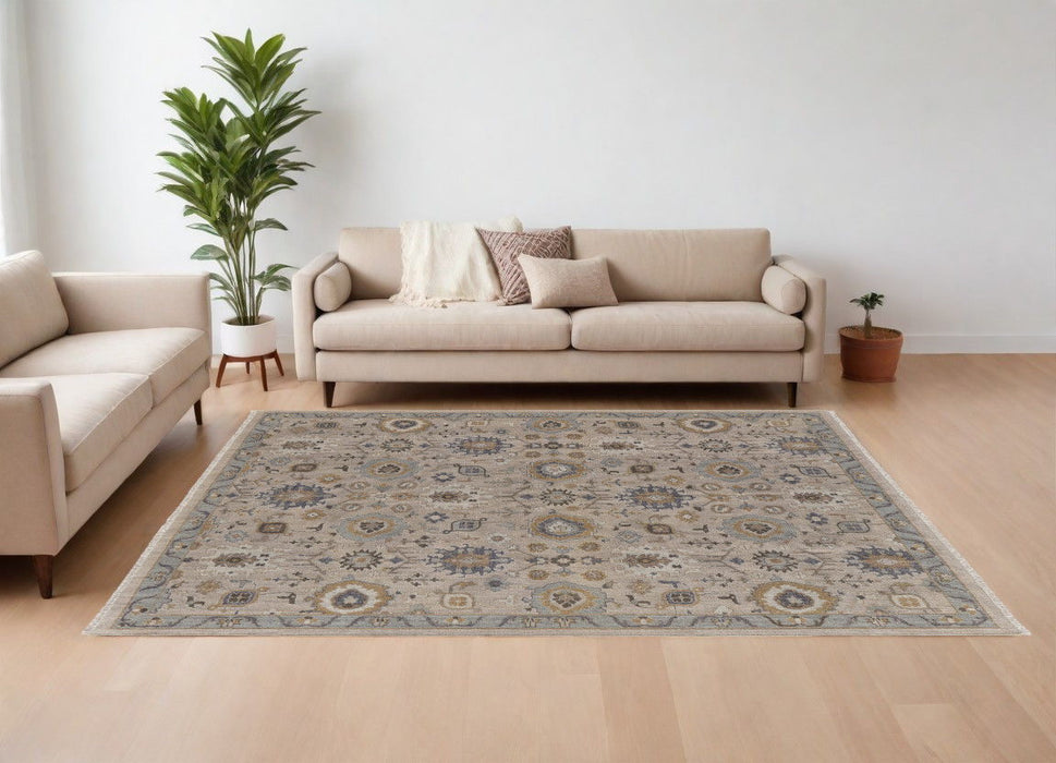 8' x 10' Wool Oriental Hand Knotted Area Rug With Fringe - Tan Brown And Gray