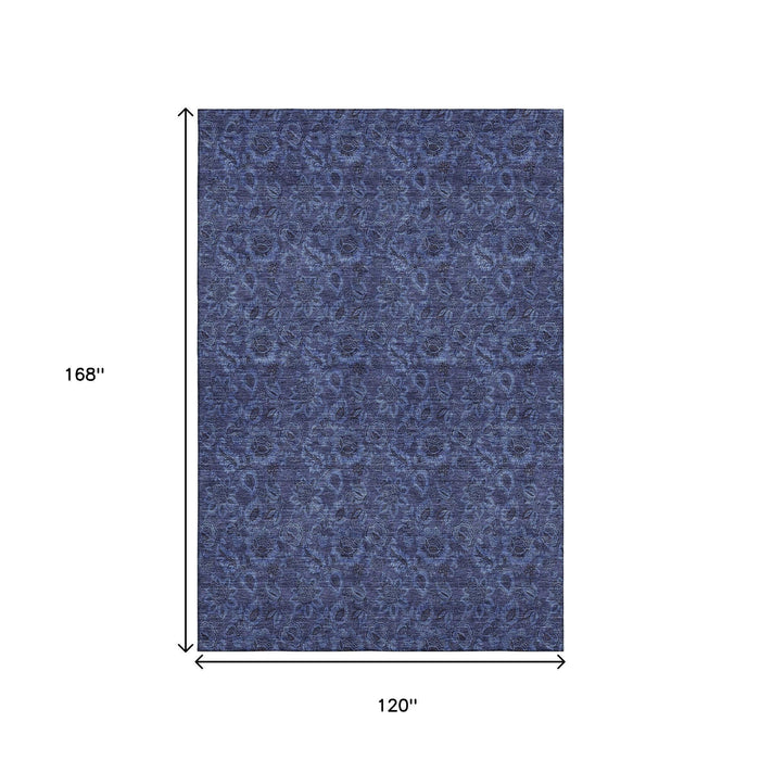 10' X 14' Floral Washable Area Rug With UV Protection (655072) - Navy Blue / Charcoal
