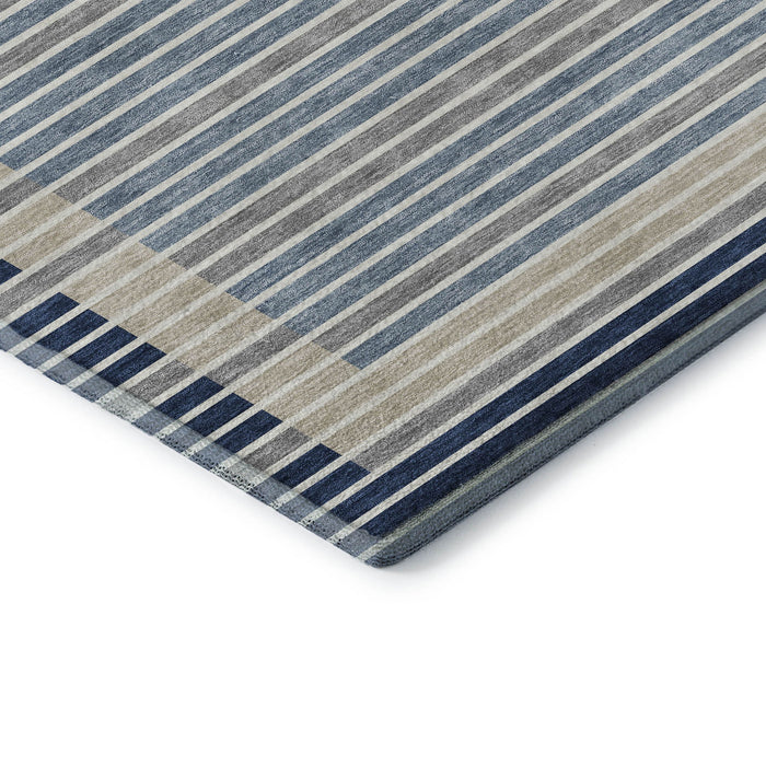 10' X 14' Striped Washable Area Rug With UV Protection (693486) - Navy Blue / Ivory / Gray