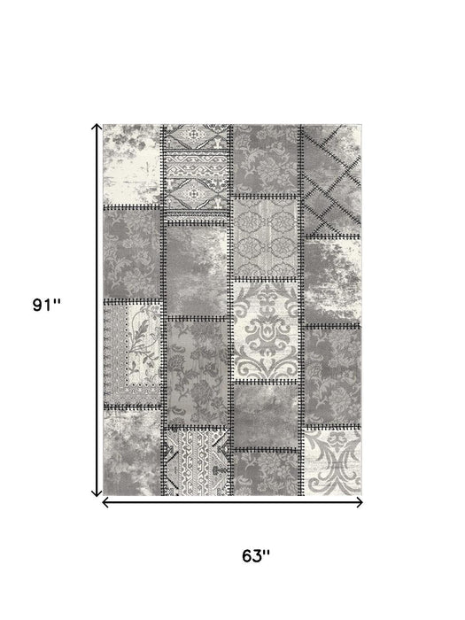 5' X 8' Damask Power Loom Area Rug (487580) - Gray / Ivory