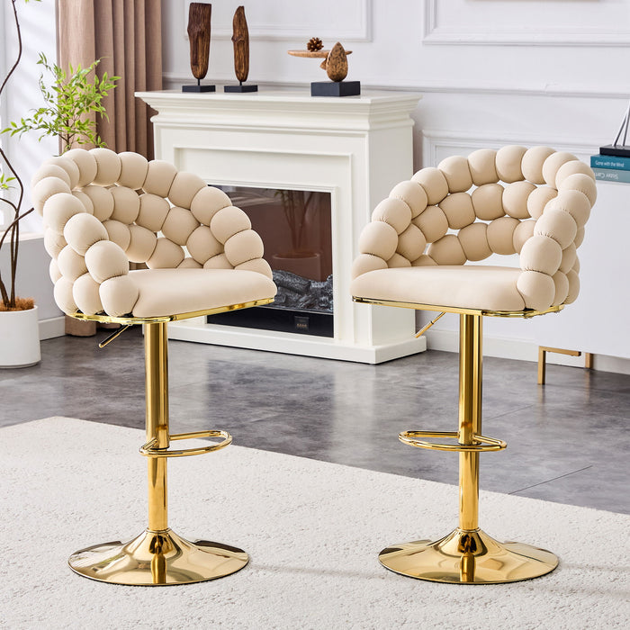 Set of two beige and gold Puffy Bubble Chairs by Giga with ball chains, modern and stylish seating for contemporary spaces.