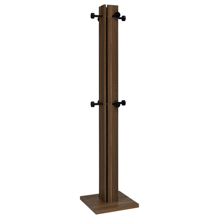Rikkie walnut engineered wood coat rack by CoasterEveryday with multiple hooks and sturdy standing design