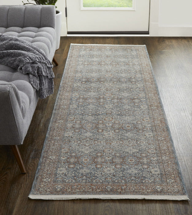 12' Floral Power Loom Runner Rug - Blue And Red