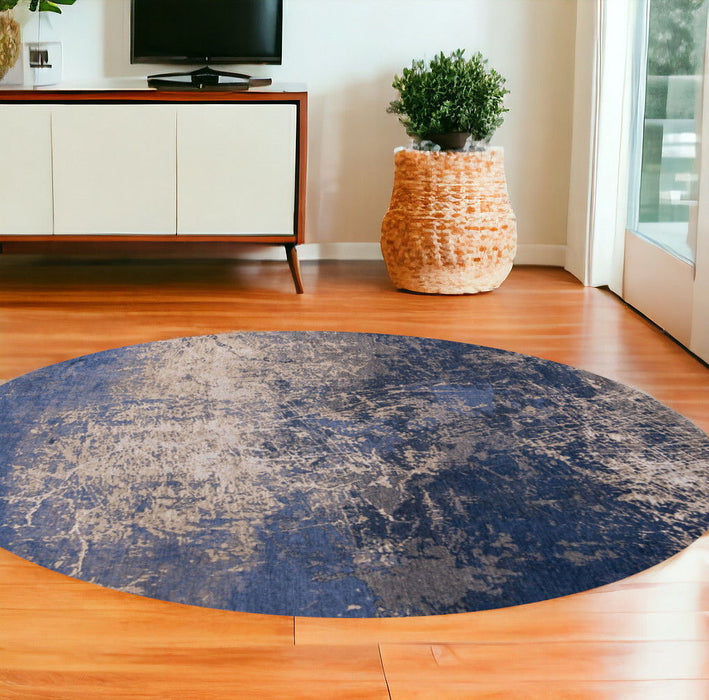 8' Round Abstract Non Skid Area Rug - Blue And Gray