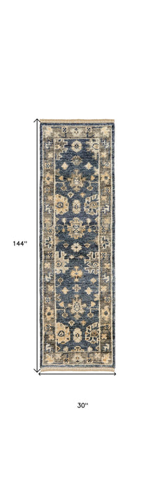 12' Wool Floral Hand Knotted Runner Rug With Fringe - Blue And Gray