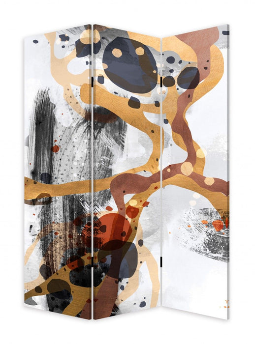 Contemporary Abstract Art Three Panel Room Divider Screen - Black / White / Gold