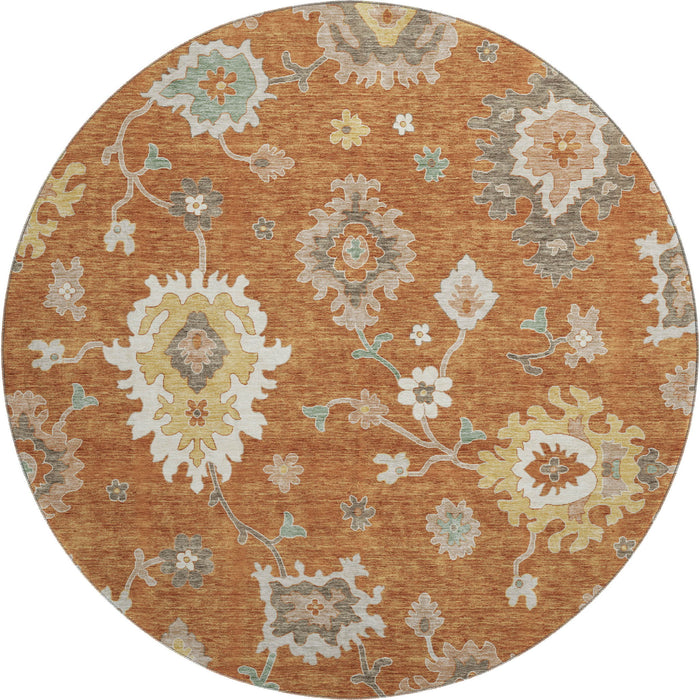 8' Floral Medallion Washable Round Rug With UV Protection - Rust