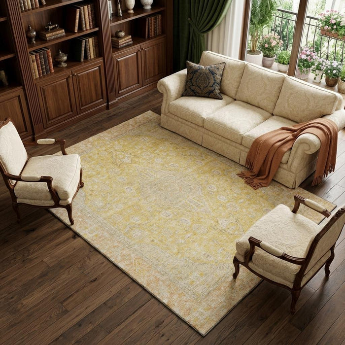 10' X 14' Floral Medallion Washable Area Rug With UV Protection (696140) - Wheat / Gold / Gray