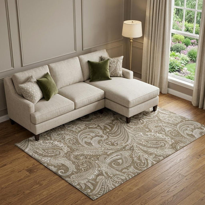 9' X 12' Paisley Washable Area Rug With UV Protection (654649) - Chocolate / Ivory