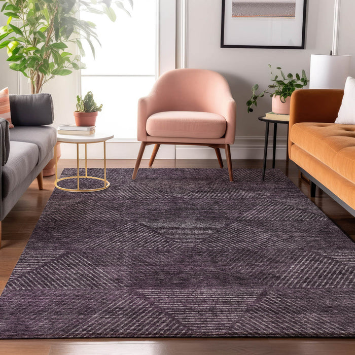 8' X 10' Geometric Washable Area Rug With UV Protection - Eggplant And Gray